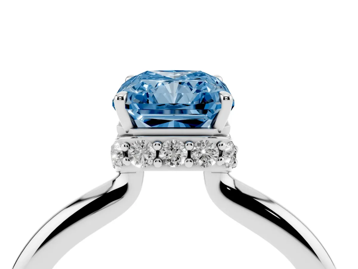 Fancy Blue Radiant Cut Brilliant Solitaire Engagement Ring with Six-Prong Setting and Classic Band Platinum