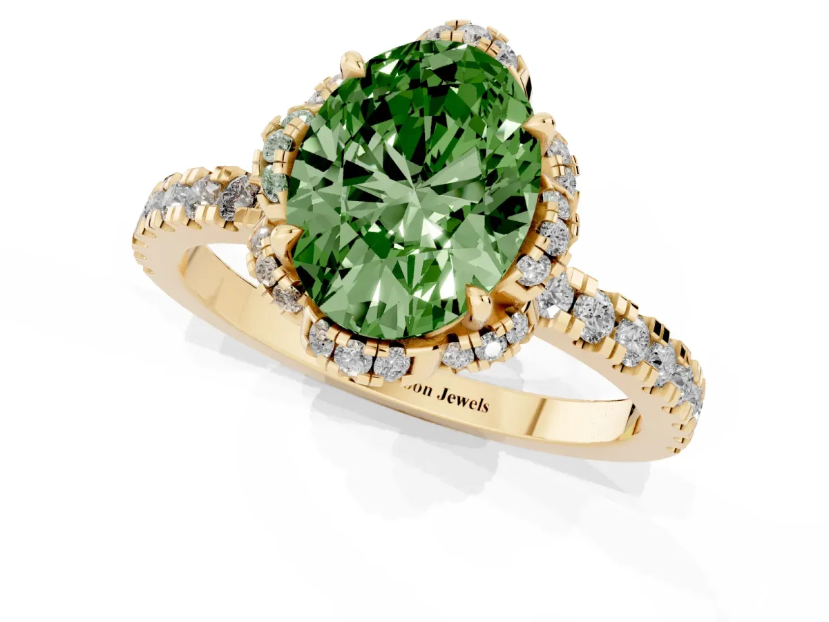 Fancy Green Oval Cut Diamond Halo Pave Band with Four-Prong Setting Yellow gold