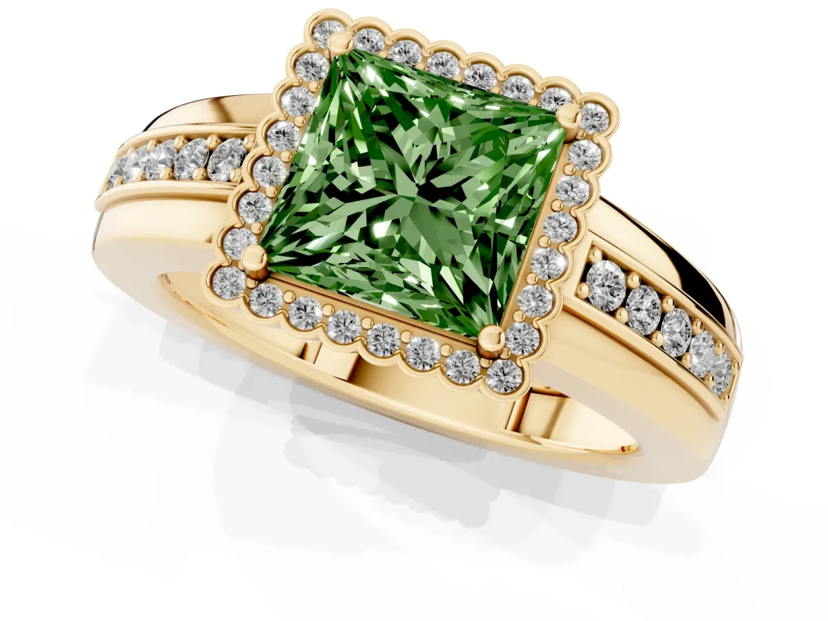 Fancy Green Princess Cut Cut Halo Pave Band Four-Prong Ring Yellow gold