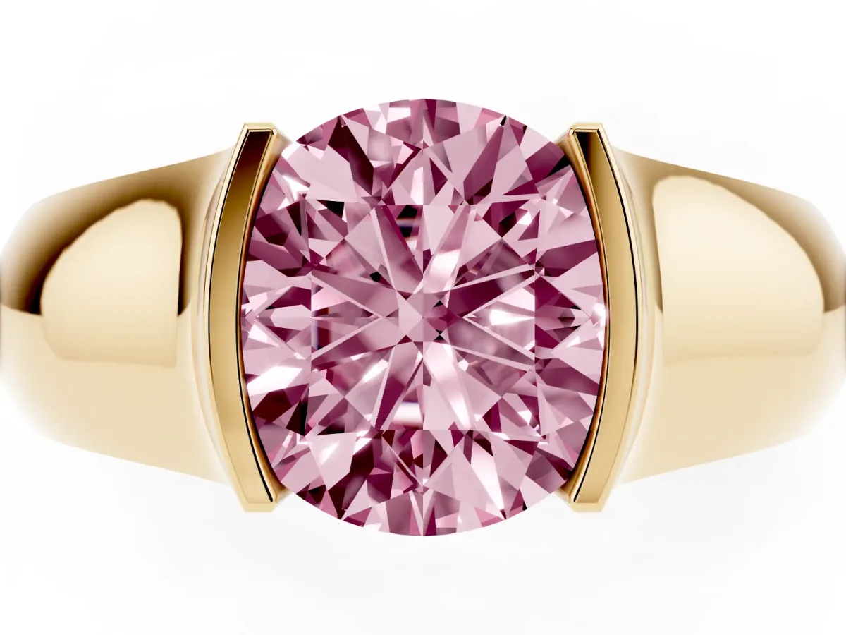 Fancy Pink Round Cut Solitaire Bezel Set Diamond Ring with Wide Band Yellow gold
