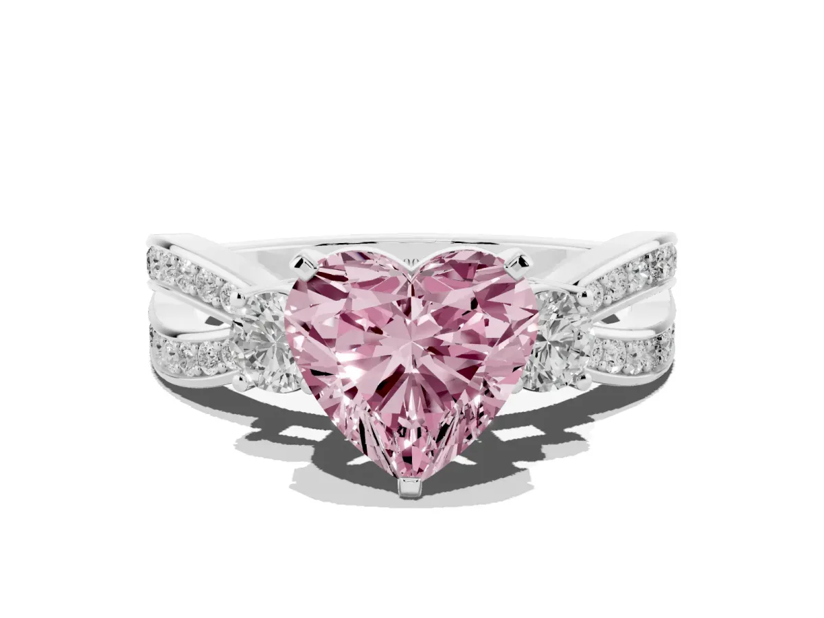 Fancy Pink Three-Stone Heart Cut Cut Diamond Twist Band with Prong Setting Silver