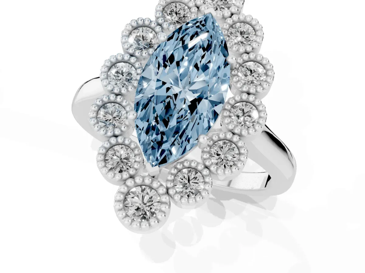 Fancy Blue Marquise Cut Halo Diamond Cluster Engagement Ring with Milgrain Bezel Setting and Solitaire Band Silver