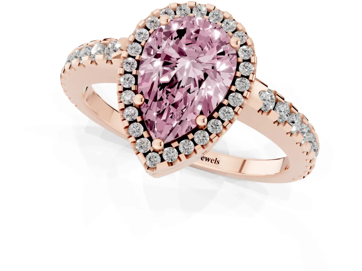 Fancy Pink Pear Cut Diamond Halo Engagement Ring with Pavé Band and Prong Setting Rose gold