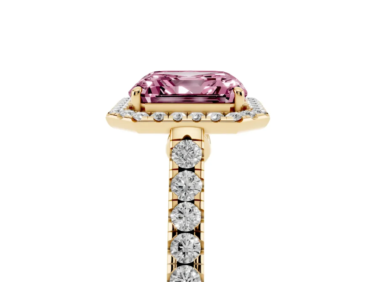 Fancy Pink Asscher Cut Halo Pave Diamond Engagement Ring with Four-Prong Setting Yellow gold