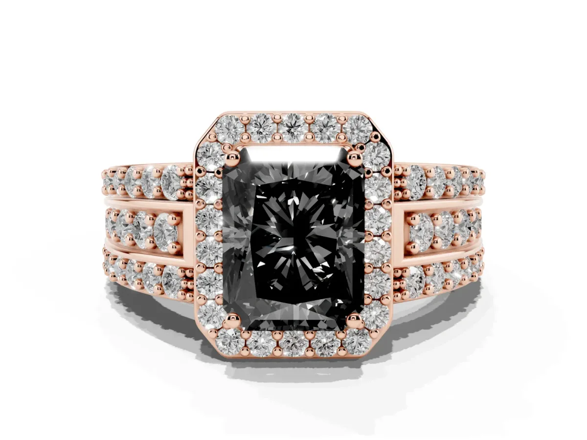 Fancy Black Radiant Cut Halo Diamond Ring with Round Split Shank and Prong Setting Rose gold