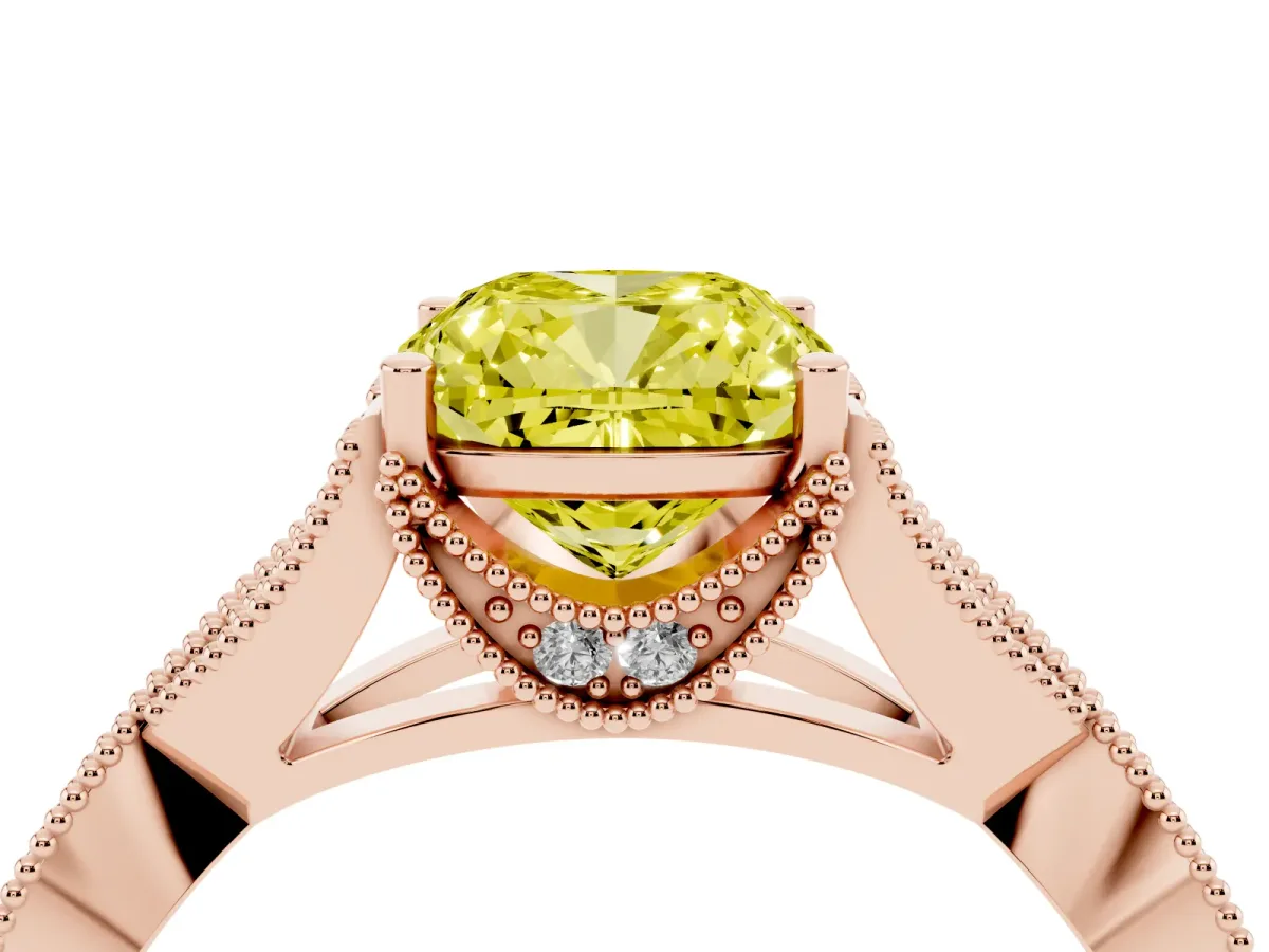 Fancy Yellow Cushion Cut Cut Diamond Twisted Band with Milgrain Pave Setting and Four-Prong Setting Rose gold