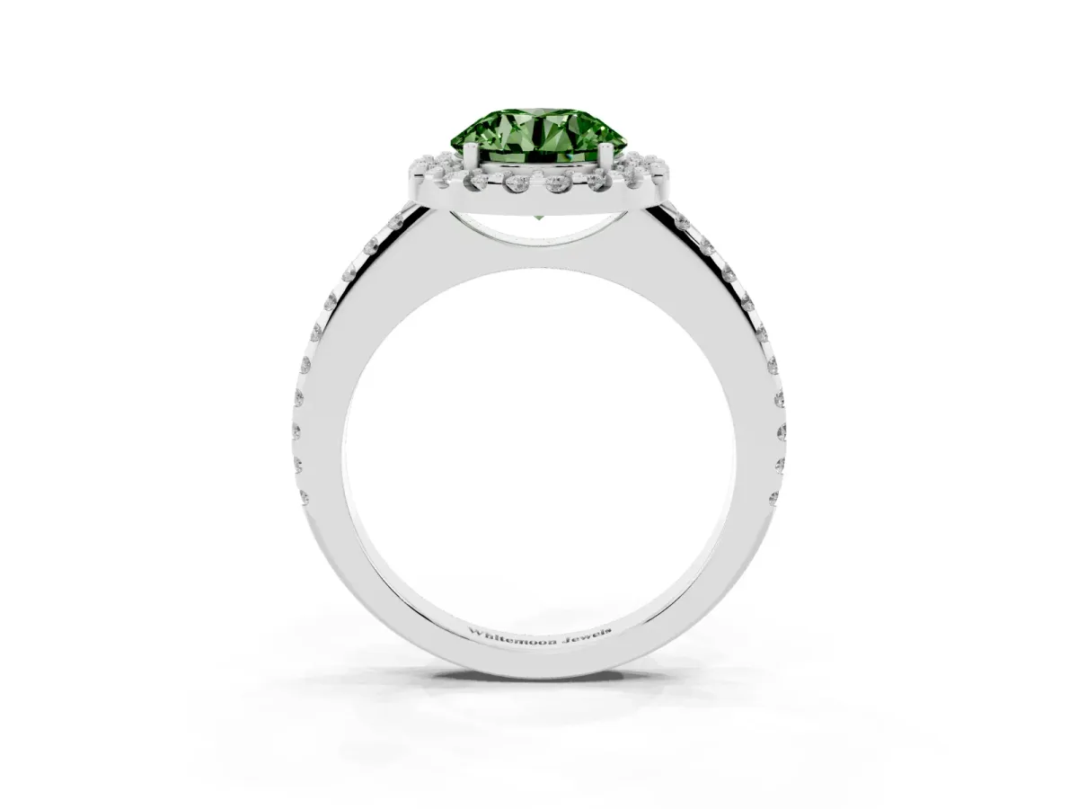 Fancy Green Round Cut Diamond Pavé Halo Ring with Four-Prong Setting Platinum