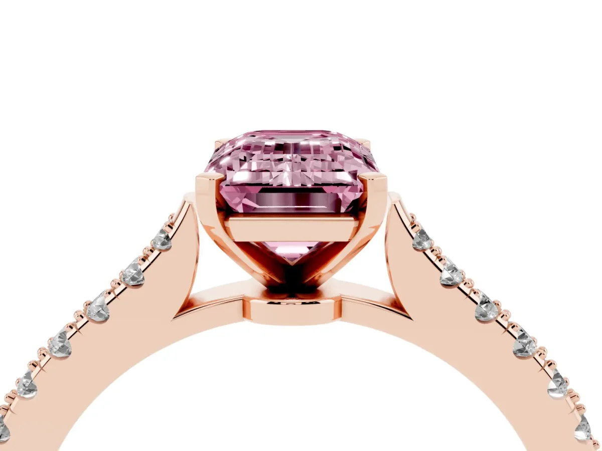 Fancy Pink Emerald Cut Cut Solitaire Diamond Engagement Ring with Pave Band and Four-Prong Setting Rose gold