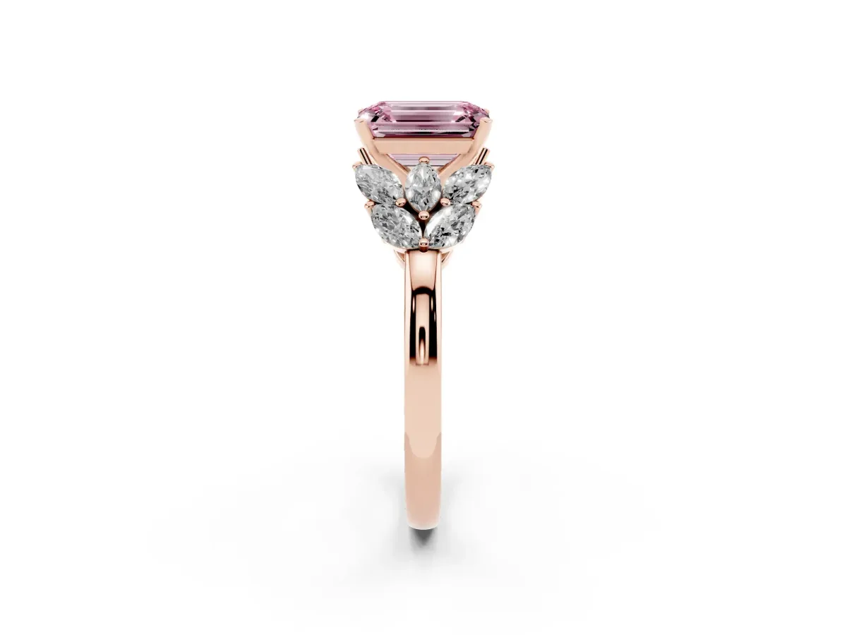 Fancy Pink Emerald Cut Diamond Cluster Leaf Design Ring with Prong Setting Rose gold
