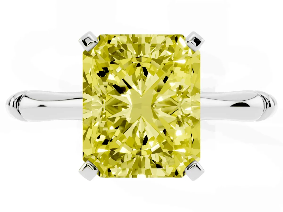 Fancy Yellow Radiant Cut Solitaire Diamond Ring with Bamboo Band and Four-Prong Setting Silver