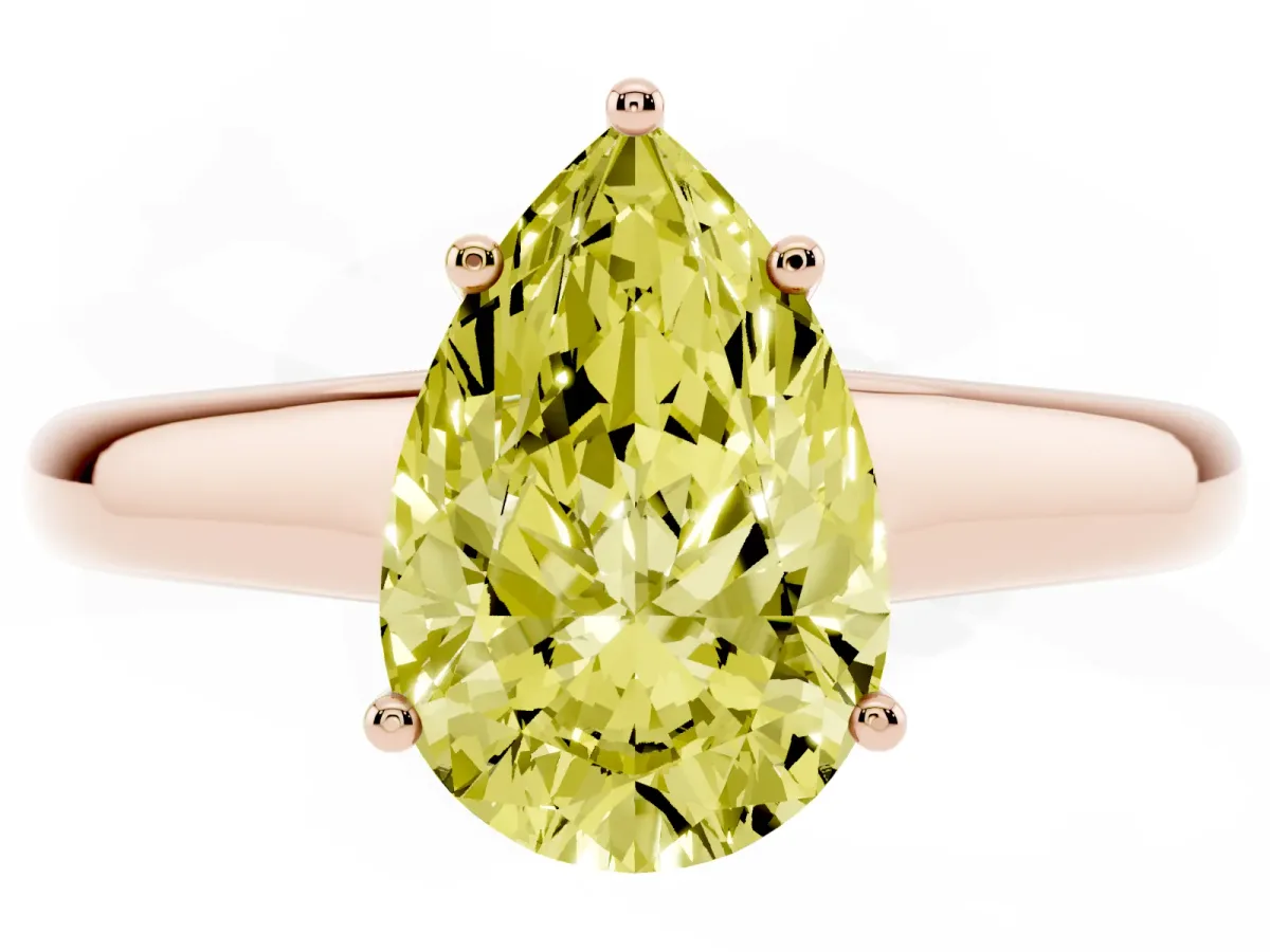 Fancy Yellow Pear Cut Solitaire Engagement Ring with Tapered Band and Four-Prong Setting Rose gold