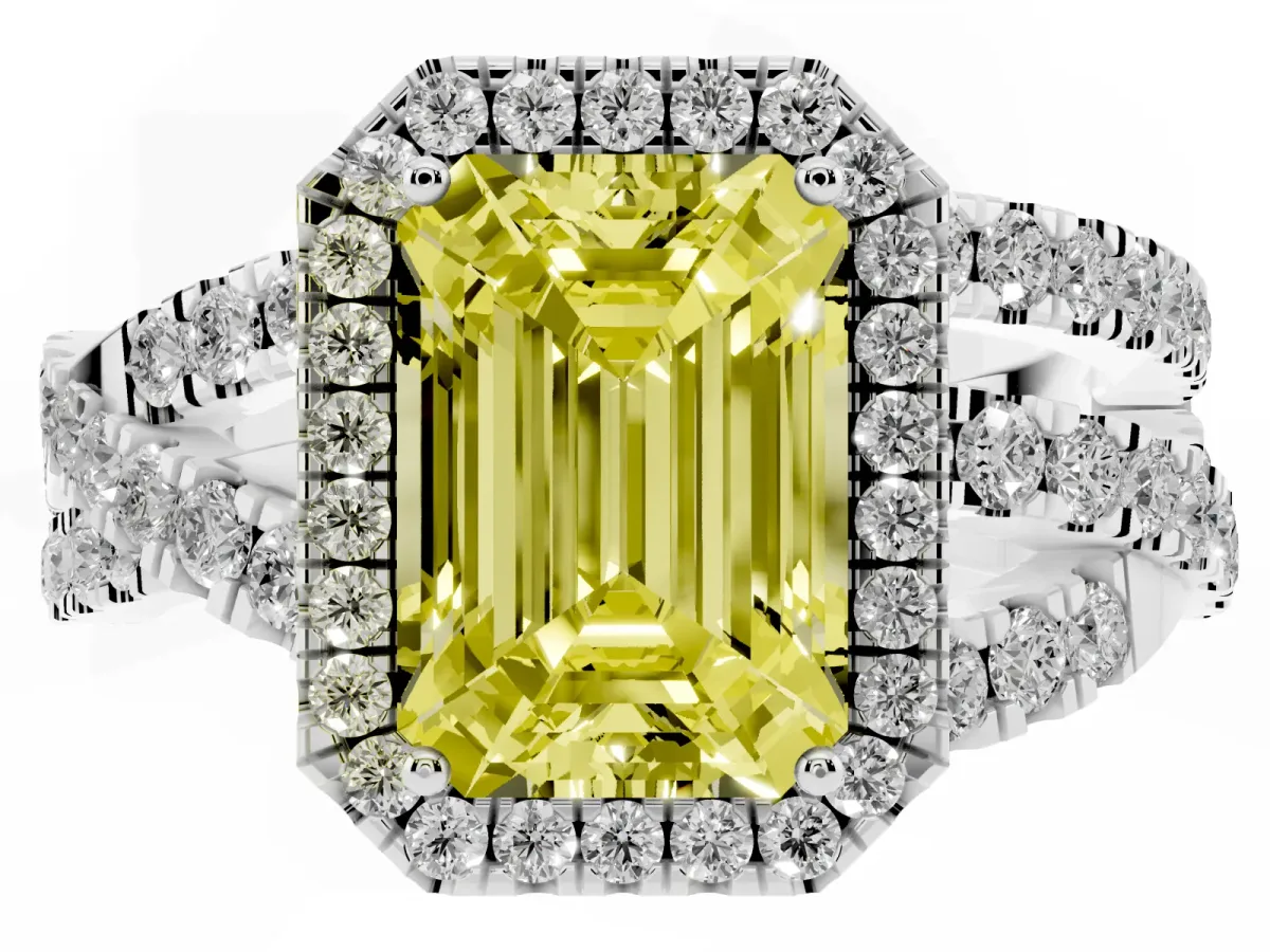 Fancy Yellow Emerald Cut Diamond Halo Ring with Round Split Shank and Prong Setting White gold