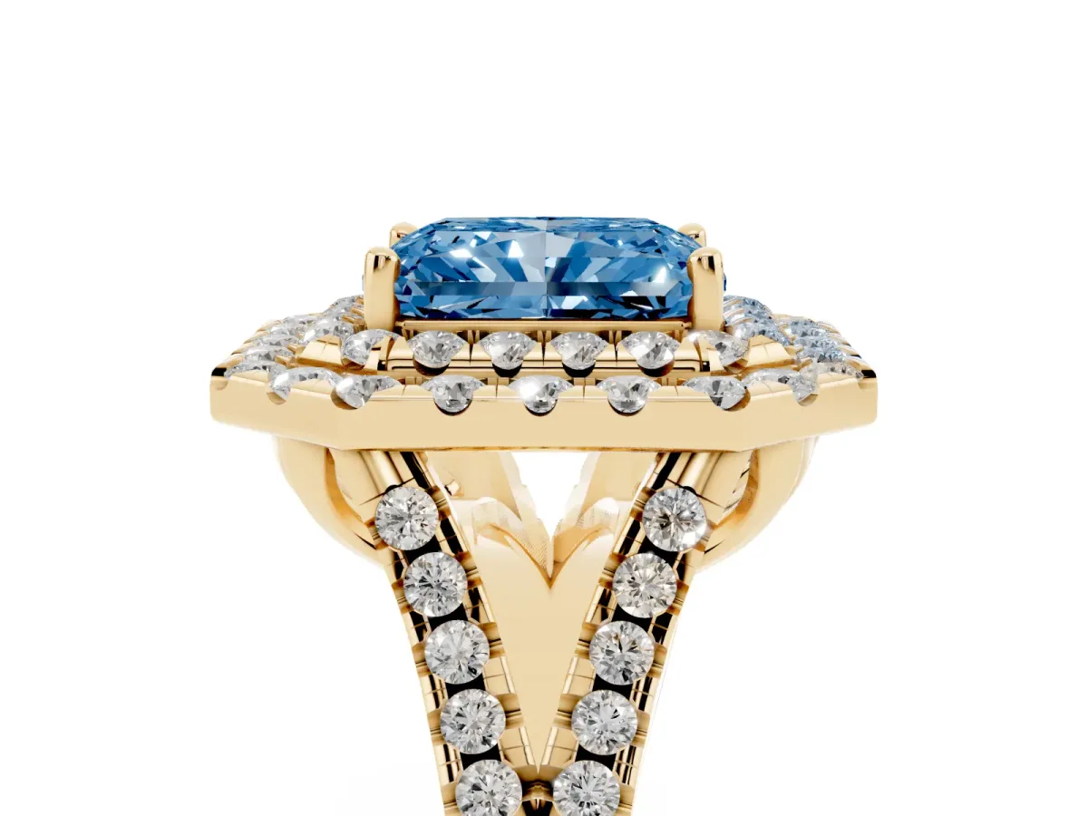 Fancy Blue Double Halo Radiant Cut Diamond Pavé Split Shank Ring with Prong Setting Yellow gold