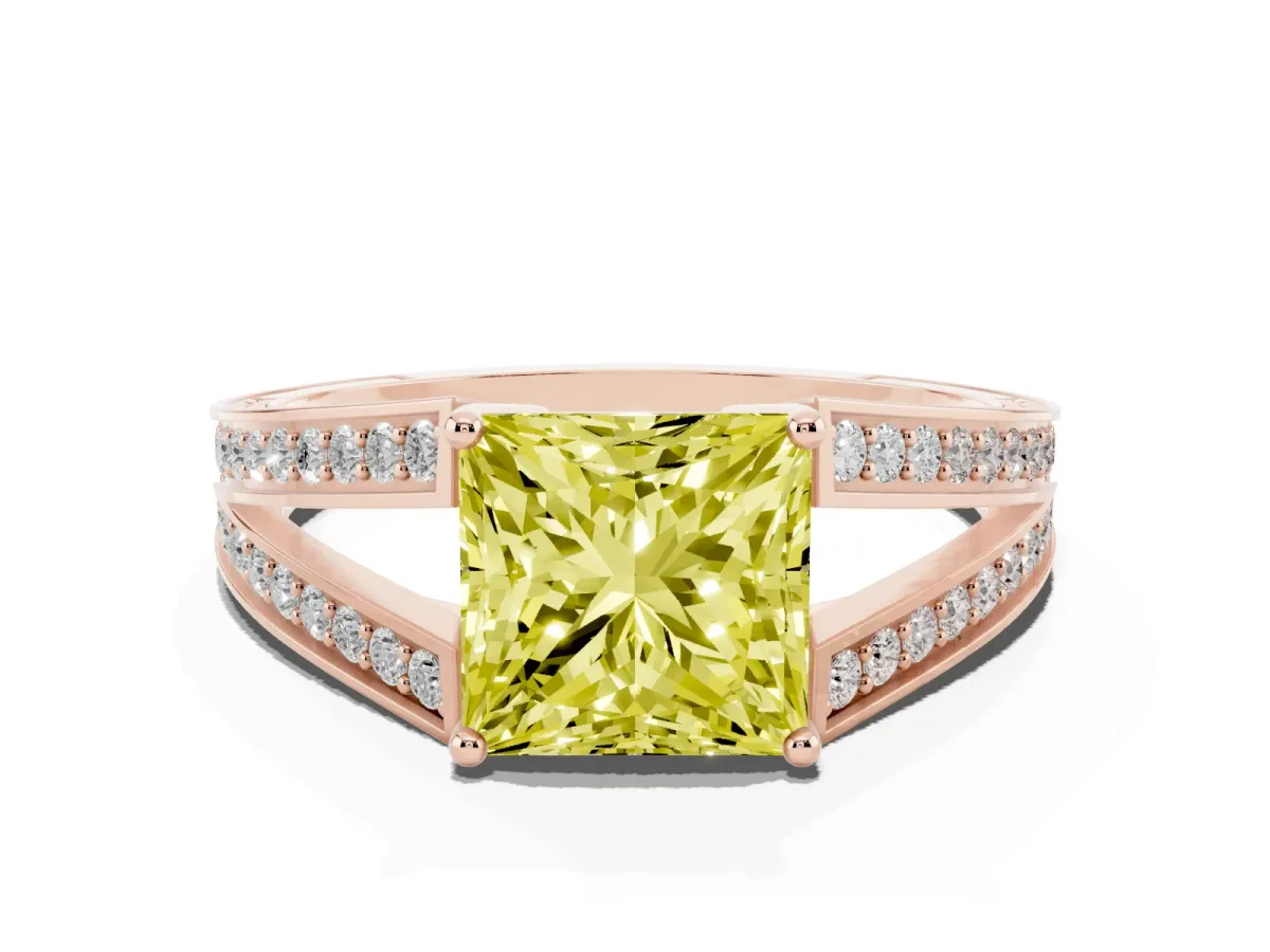 Fancy Yellow Princess Cut Diamond Split Shank Ring with Pavé Band and Four-Prong Setting Rose gold