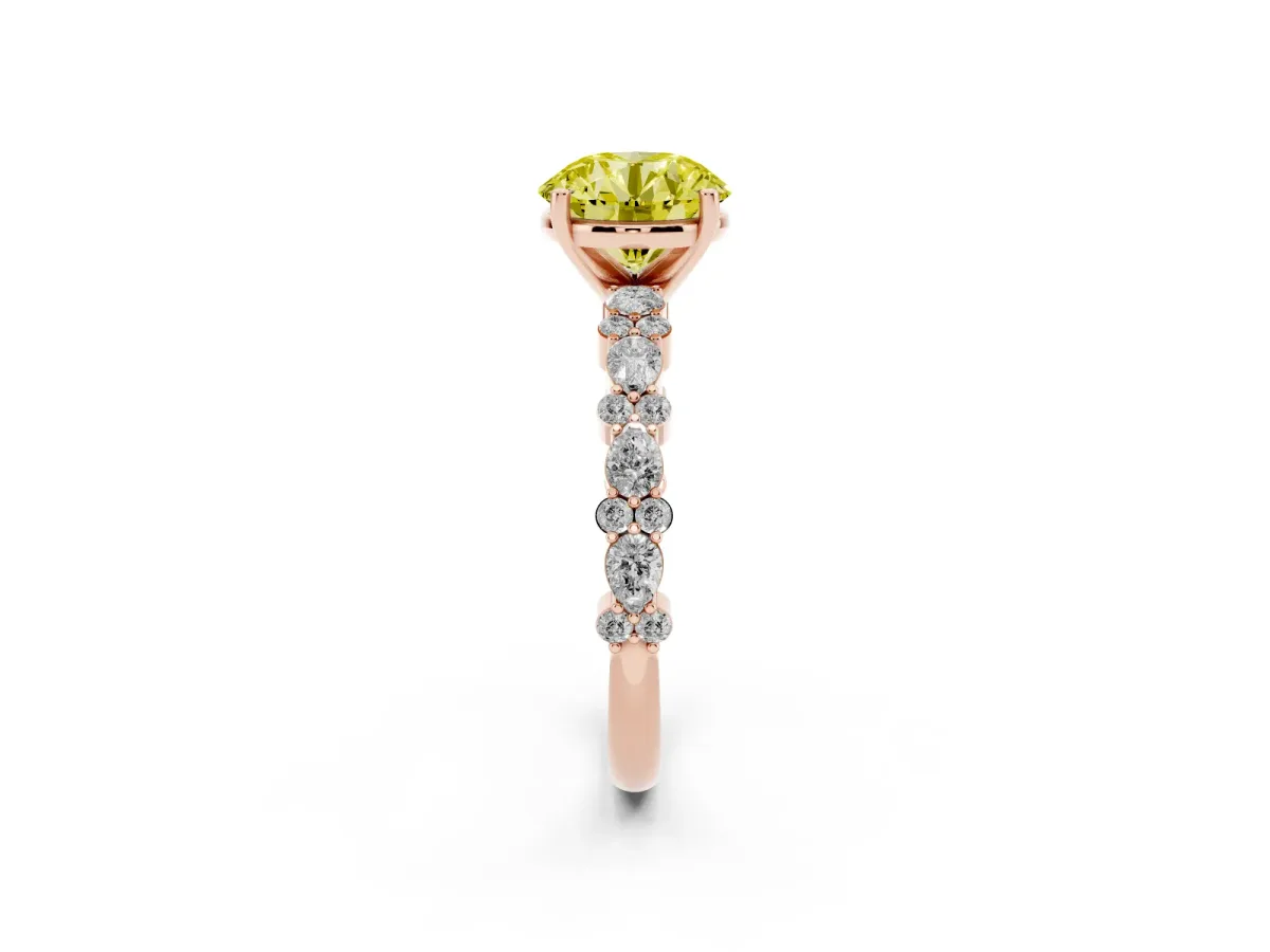 Fancy Yellow Round Cut Diamond Side Stone Solitaire Ring with Round and Four-Prong Setting Rose gold