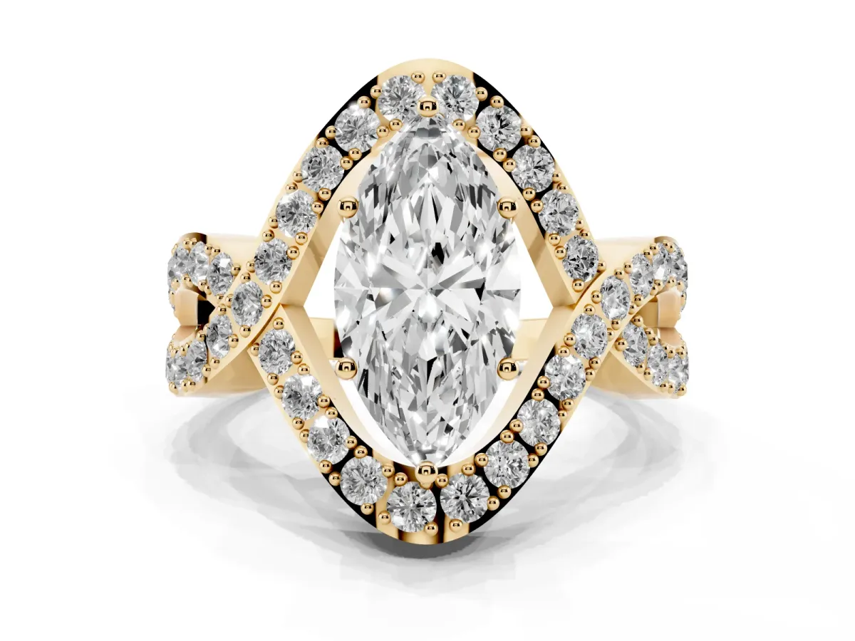 Marquise Cut Solitaire Twist Band Pavé Diamond Engagement Ring Yellow gold