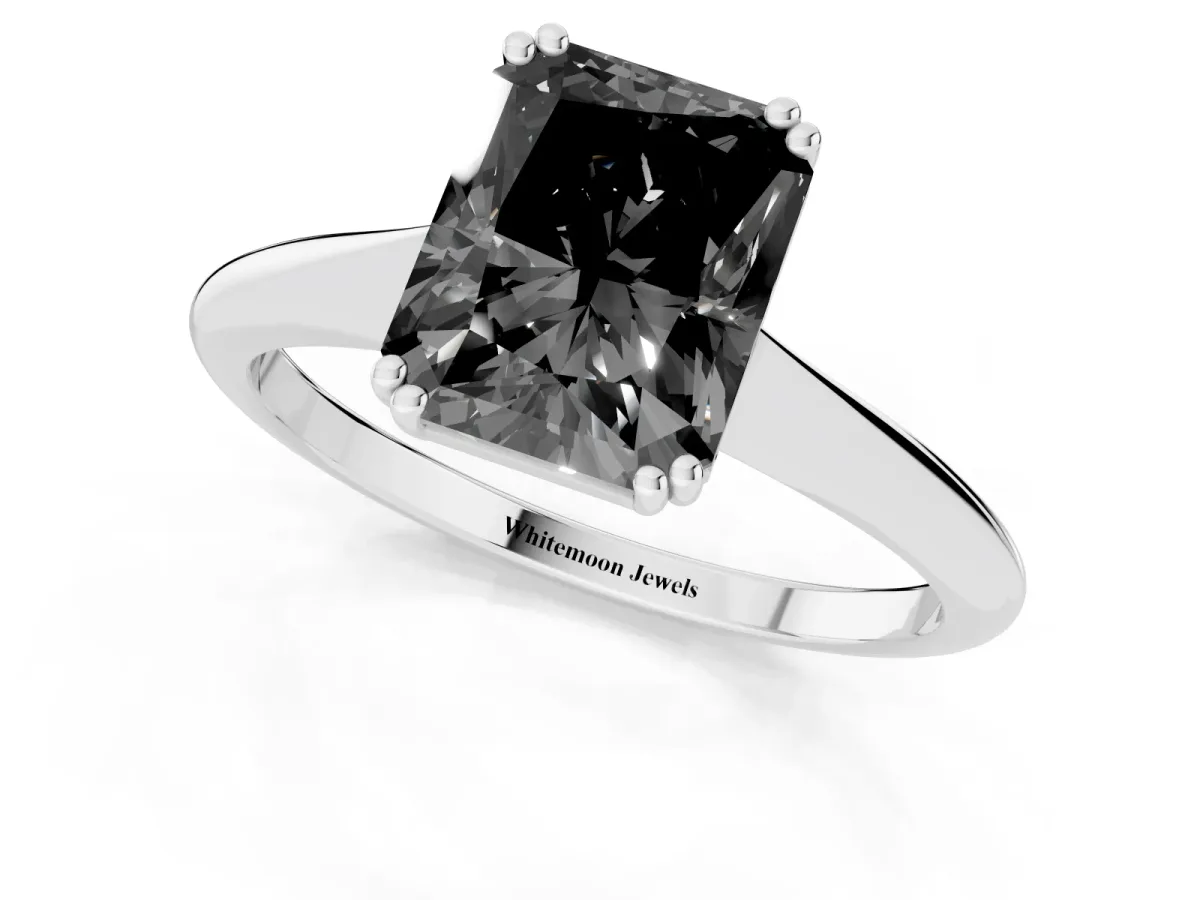 Fancy Black Radiant Cut Solitaire Diamond Ring with Six-Prong Setting and Classic Band Platinum