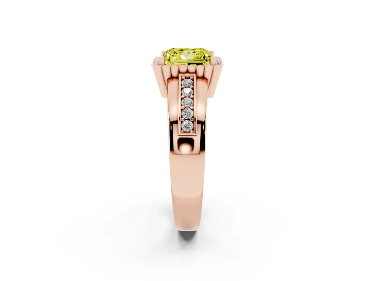Fancy Yellow Princess Cut Cut Halo Pave Band Four-Prong Ring Rose gold