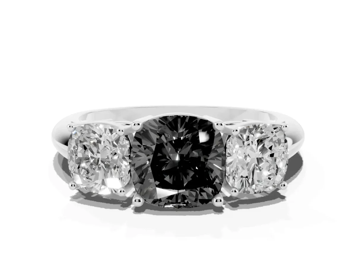 Fancy Black Three-Stone Cushion Cut Cut Diamond Engagement Ring with Prong Setting on a White Gold Band Platinum