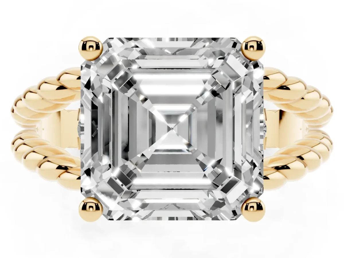 Asscher Cut Halo Twisted Band Four-Prong Ring Yellow gold