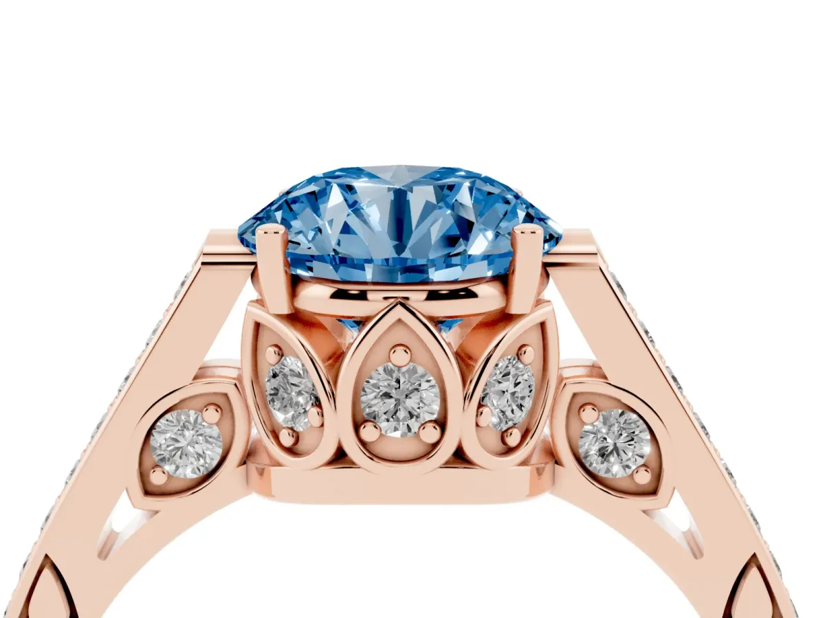 Fancy Blue Round Cut Cut Cathedral Pave Diamond Engagement Ring with Six-Prong Setting Rose gold