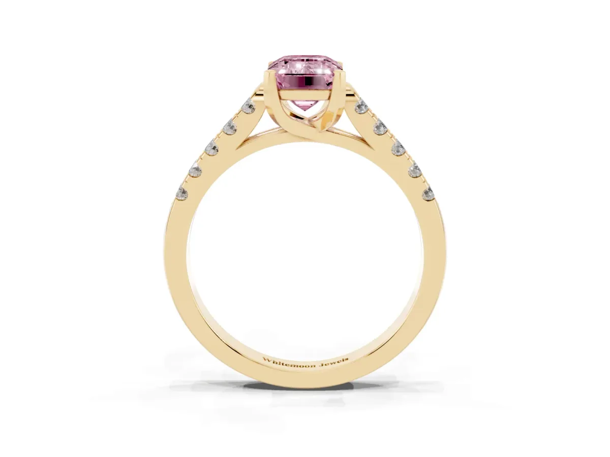 Fancy Pink Emerald Cut Diamond Pavé Band Solitaire Ring with Prong Setting Yellow gold