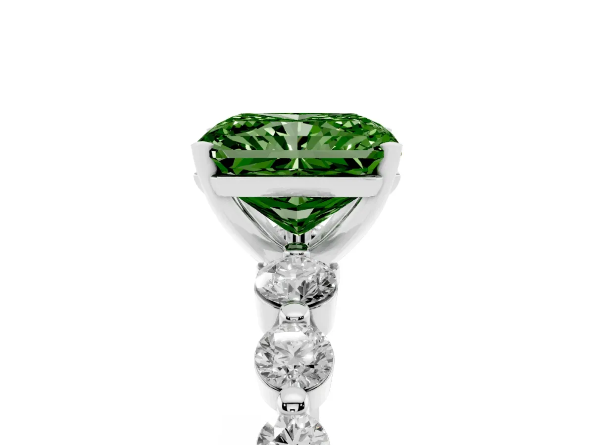 Fancy Green Radiant Cut Solitaire Diamond Ring with Pave Band and Four-Prong Setting Silver