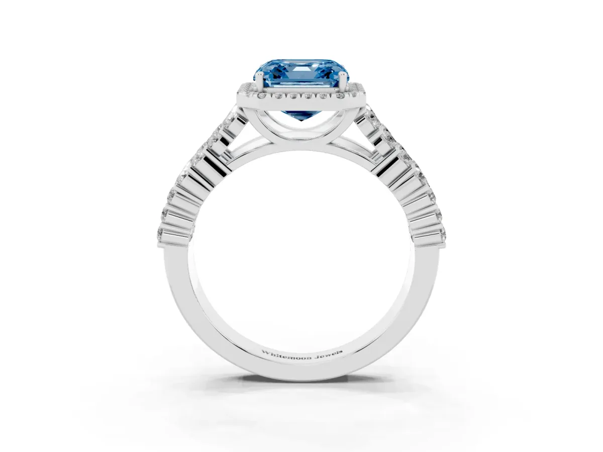 Fancy Blue Asscher Cut Diamond Halo Engagement Ring with Triple Row Round Pavé Band and Prong Setting Platinum