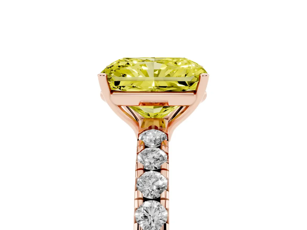 Fancy Yellow Radiant Cut Diamond Pavé Solitaire Engagement Ring with Four-Prong Setting Rose gold