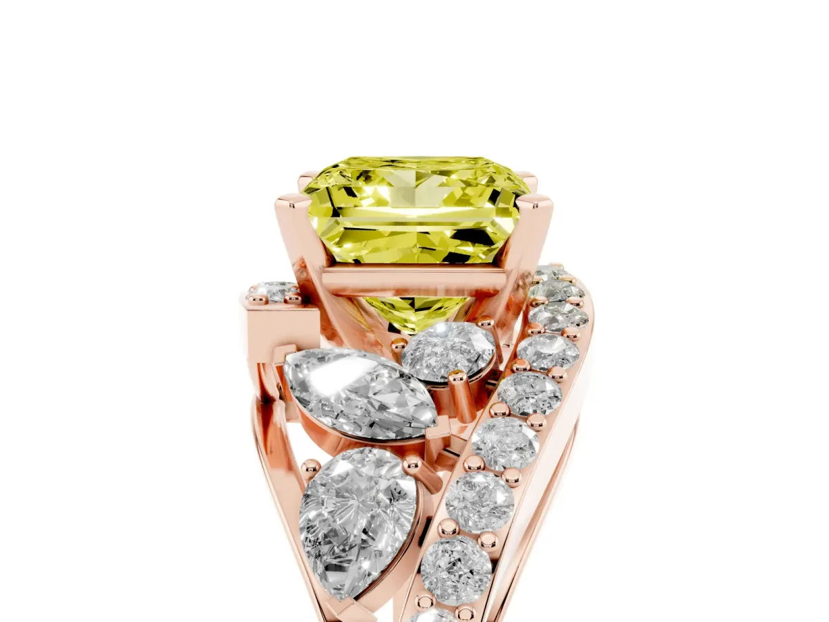 Fancy Yellow Princess Cut Diamond Halo Ring with Marquise and Pavé Band in Prong Setting Rose gold