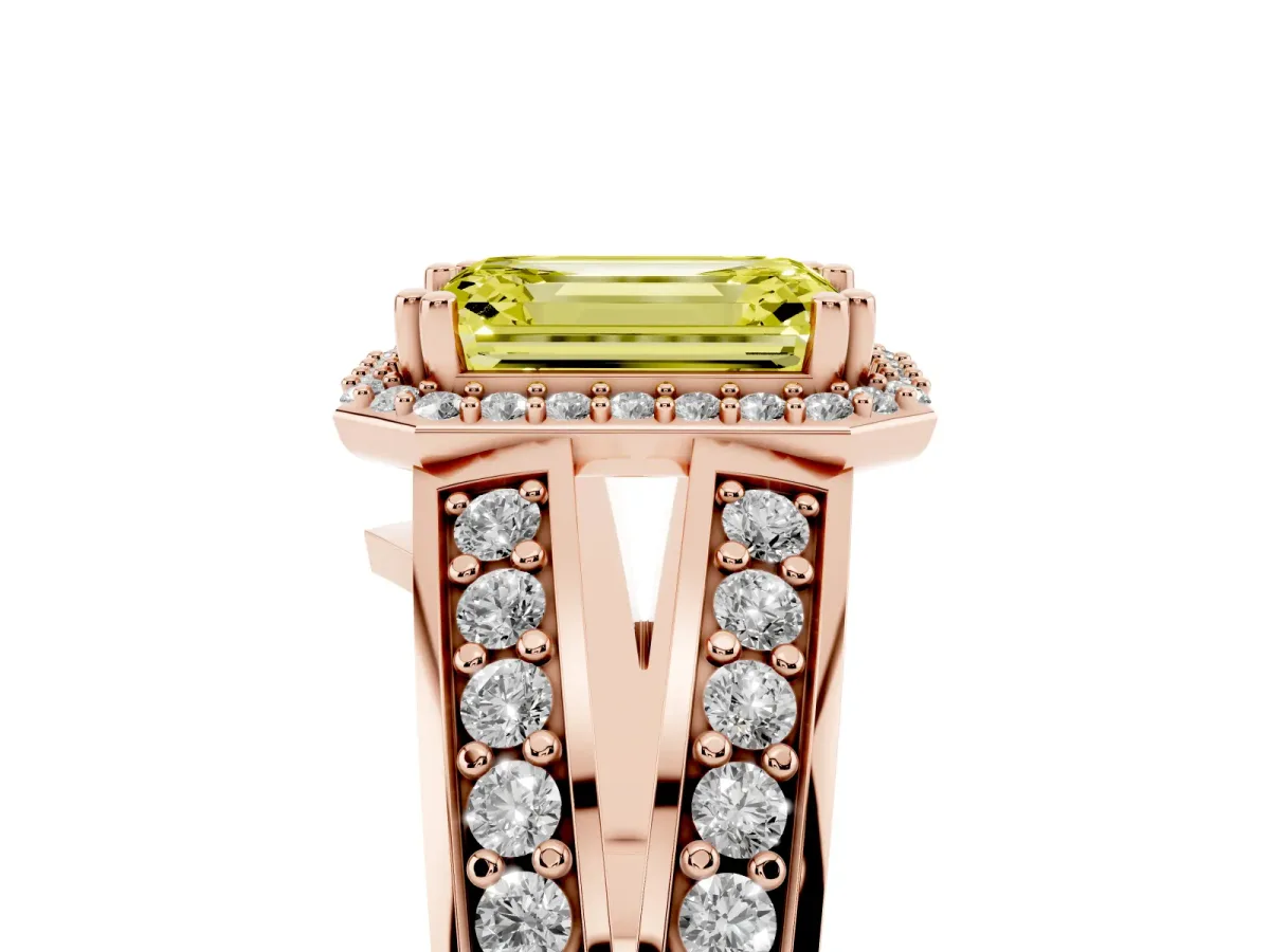 Fancy Yellow Emerald Cut Diamond Halo Ring with Split Shank Pavé Band and Four-Prong Setting Rose gold