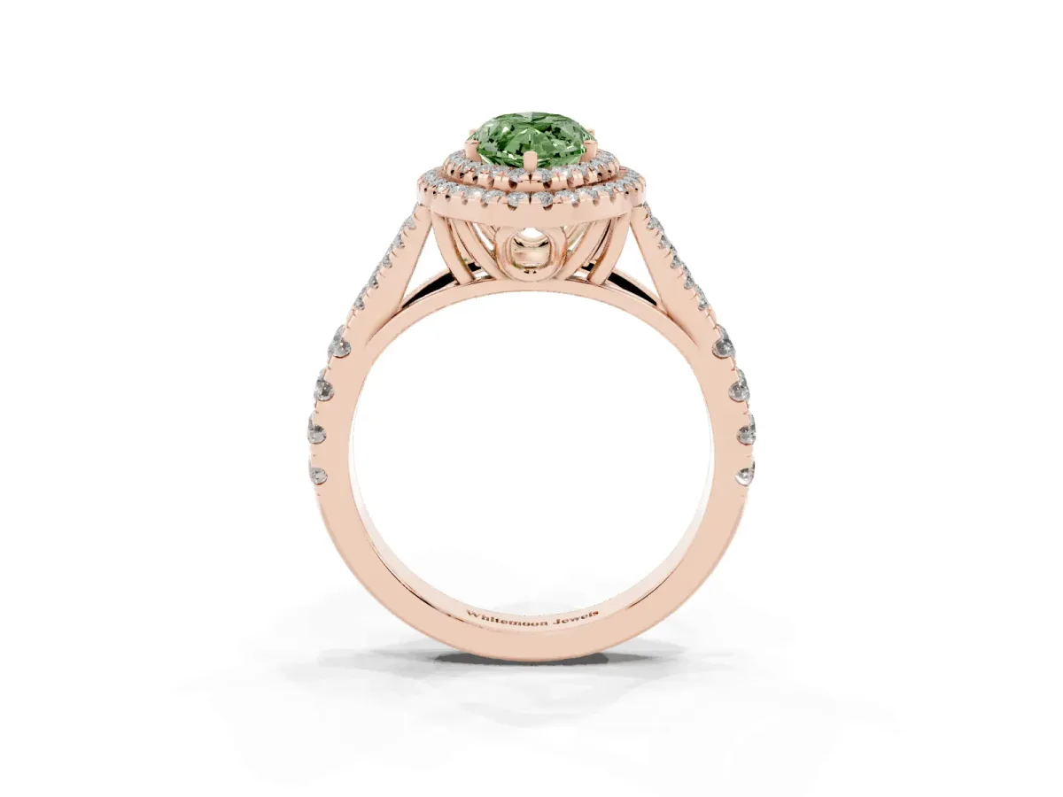 Fancy Green Marquise Cut Diamond Pavé Split Shank Double Halo Engagement Ring Rose gold