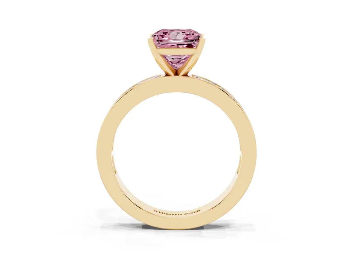 Fancy Pink Princess Cut Solitaire Diamond Ring with Channel-Set Baguette Band and Four-Prong Setting Yellow gold