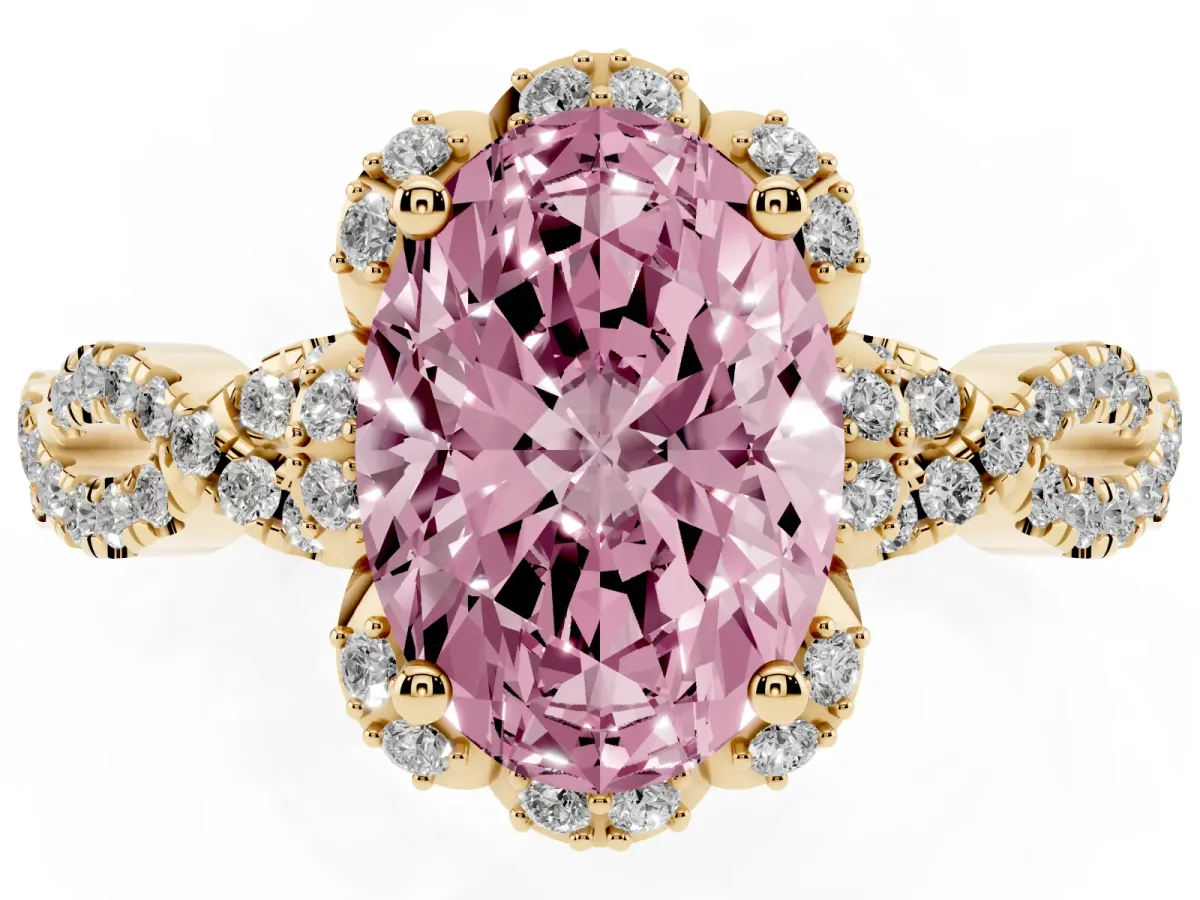 Fancy Pink Oval Cut Halo Twist Band Solitaire Ring with Six-Prong Setting Yellow gold