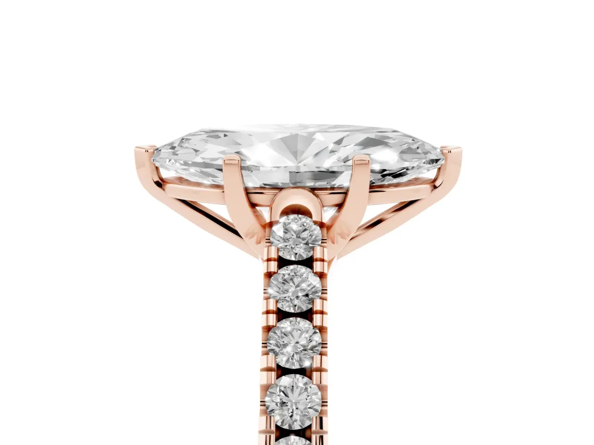 Marquise Cut Diamond Pavé Band Solitaire Ring with Prong Setting Rose gold