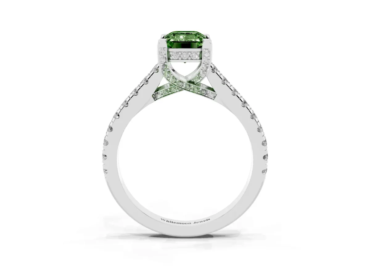 Fancy Green Emerald Cut Brilliant Diamond Solitaire with Pavé Band and Four-Prong Setting Platinum