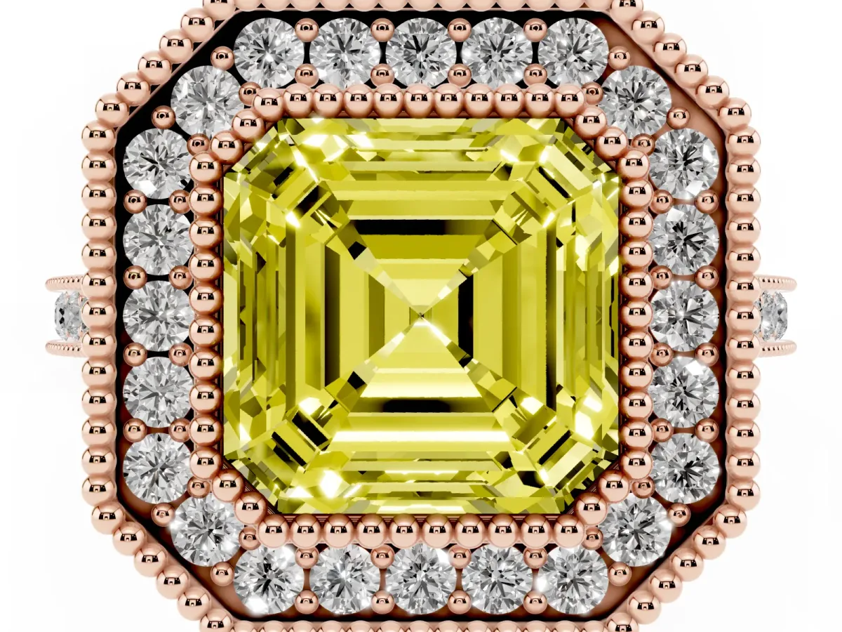 Fancy Yellow Asscher Cut Diamond Halo Ring with Milgrain Frame and Pavé Band Rose gold