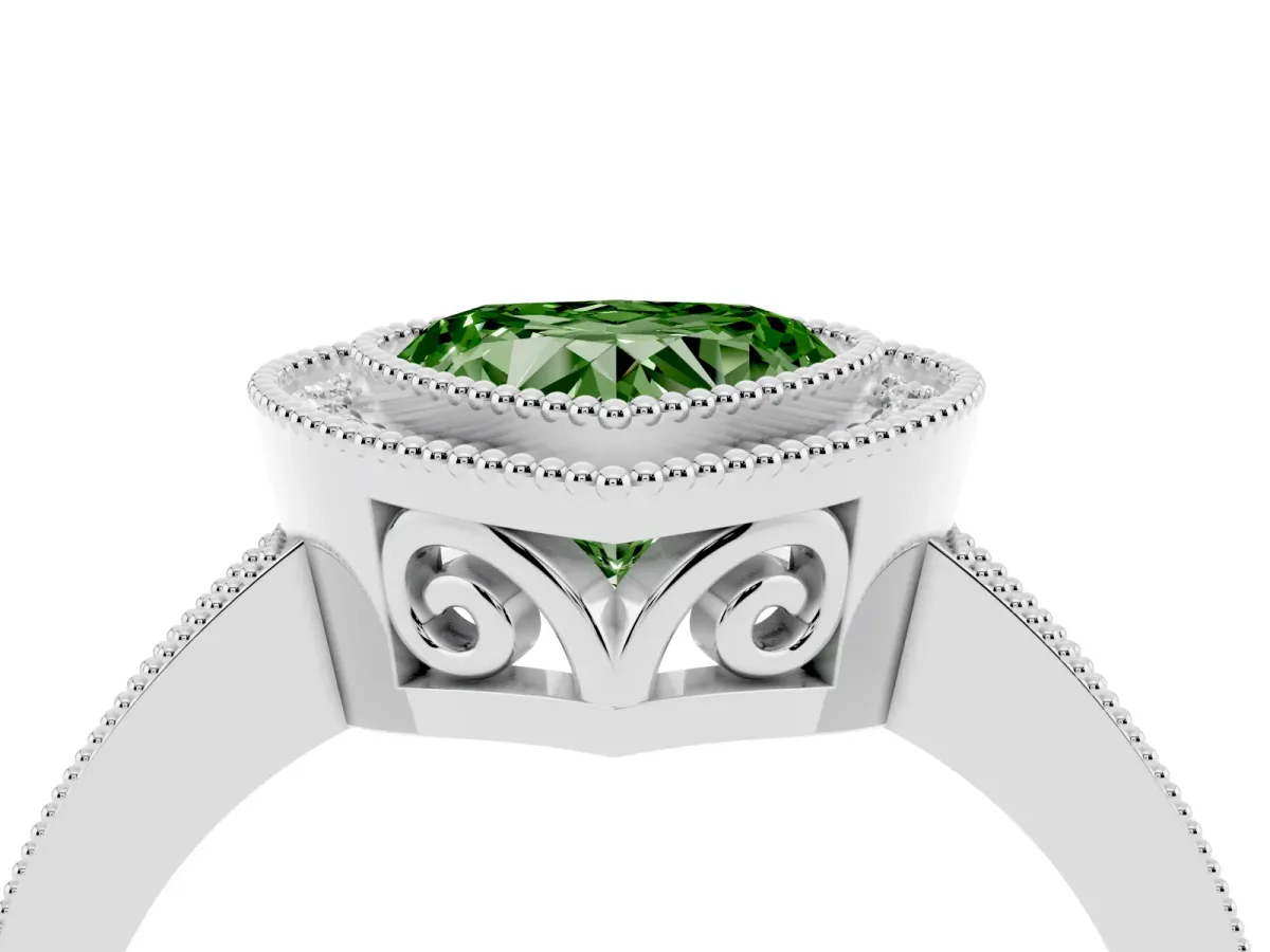 Fancy Green Heart Cut Cut Halo Diamond Ring with Pavé Band and Milgrain Prong Setting Silver
