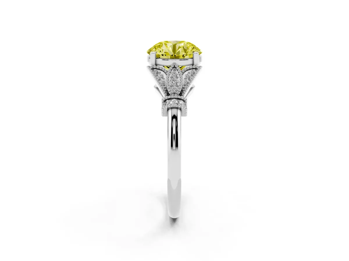 Fancy Yellow Round Cut Diamond Solitaire Ring with Floral Filigree and Pave Accents White gold