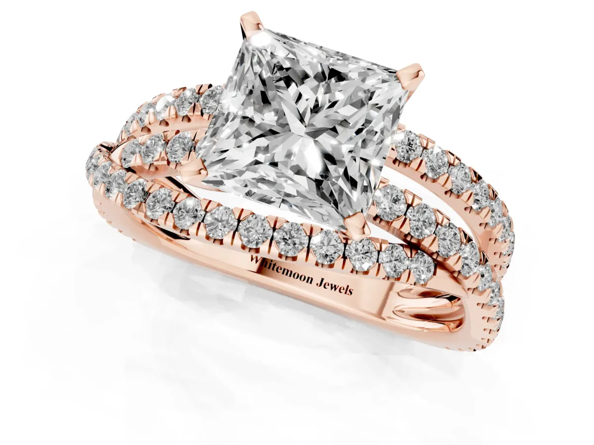 Princess Cut Solitaire Twist Band with Pavé Setting and Four-Prong Setting Rose gold