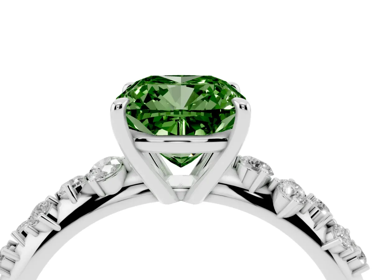 Fancy Green Cushion Cut Diamond Cluster Side Stone Solitaire Ring with Prong Setting Platinum