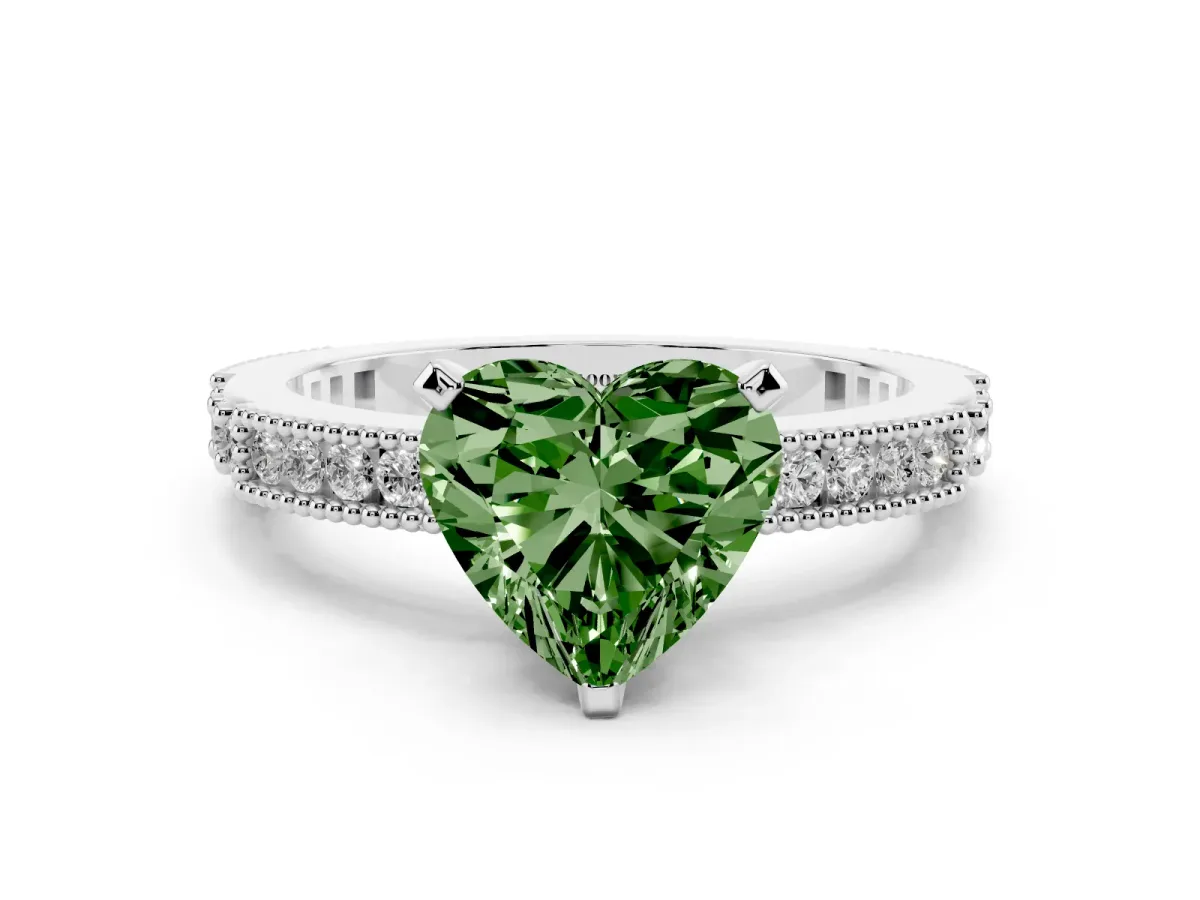 Fancy Green Heart Cut Solitaire with Pavé Band and Four-Prong Setting Silver