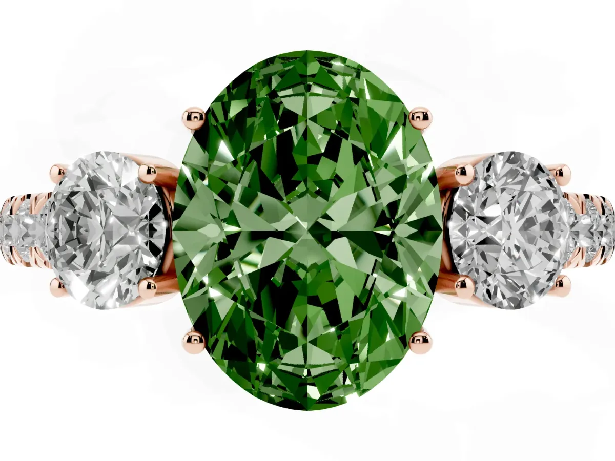 Fancy Green Oval Cut Cut Diamond Three-Stone Ring with Round Side Stones and Pavé Band Rose gold