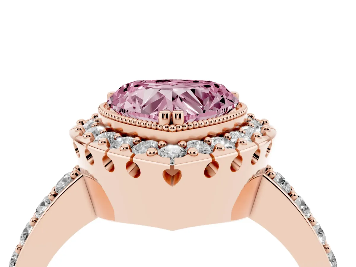 Fancy Pink Heart Cut Diamond Halo Ring with Pavé Band and Prong Setting Rose gold