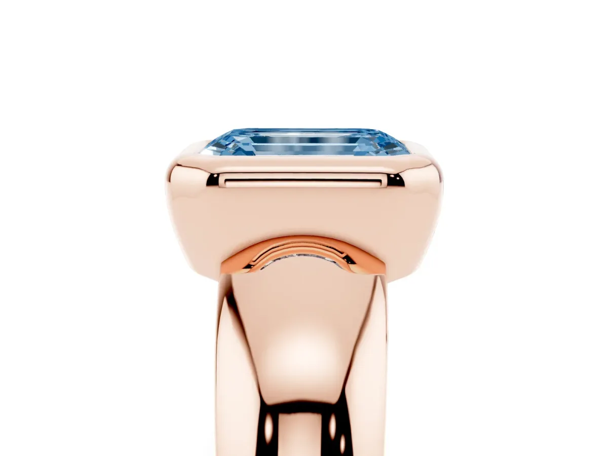 Fancy Blue Bezel Set Emerald Cut Solitaire Ring with Wide Band Rose gold