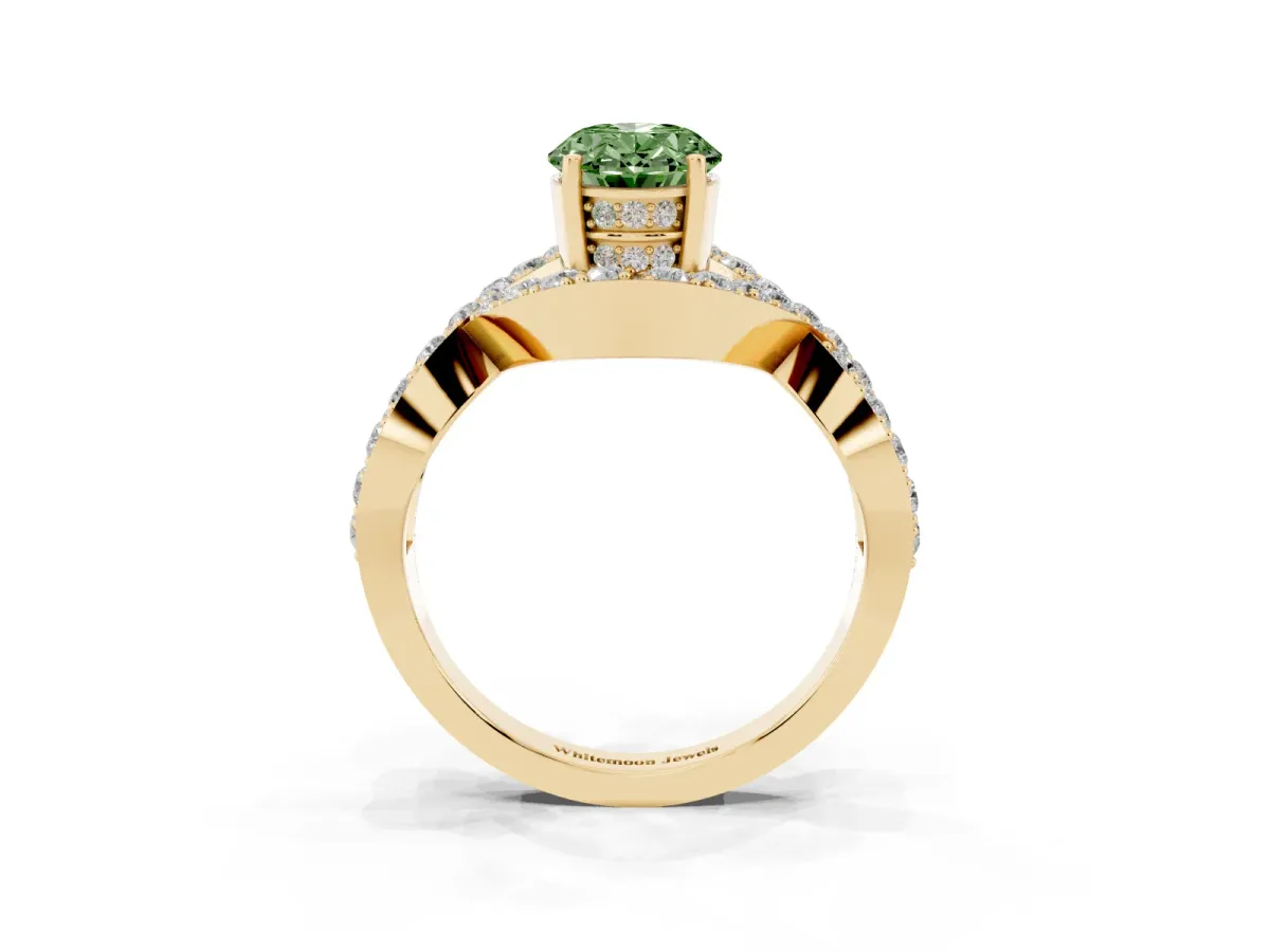 Fancy Green Oval Cut Solitaire Twist Band Pavé Diamond Engagement Ring Yellow gold