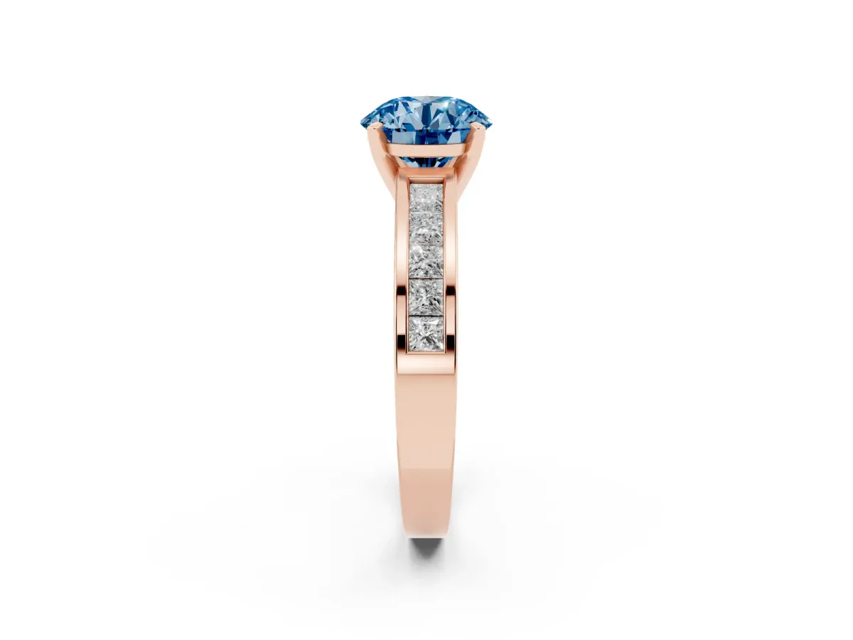 Fancy Blue Round Cut Solitaire Diamond Ring with Channel-Set Band and Four-Prong Setting Rose gold