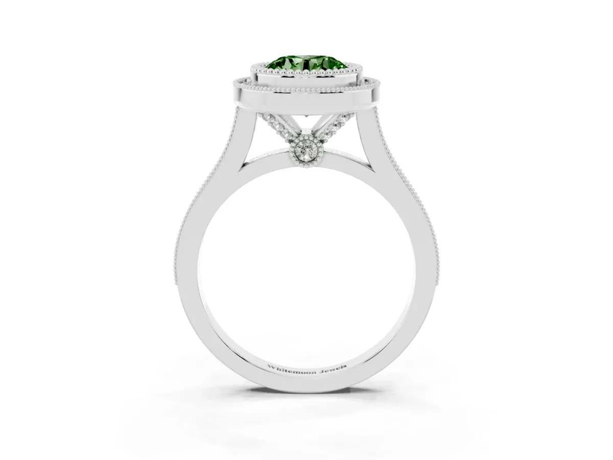 Fancy Green Round Cut Diamond Halo Ring with Milgrain Frame and Pavé Band Platinum