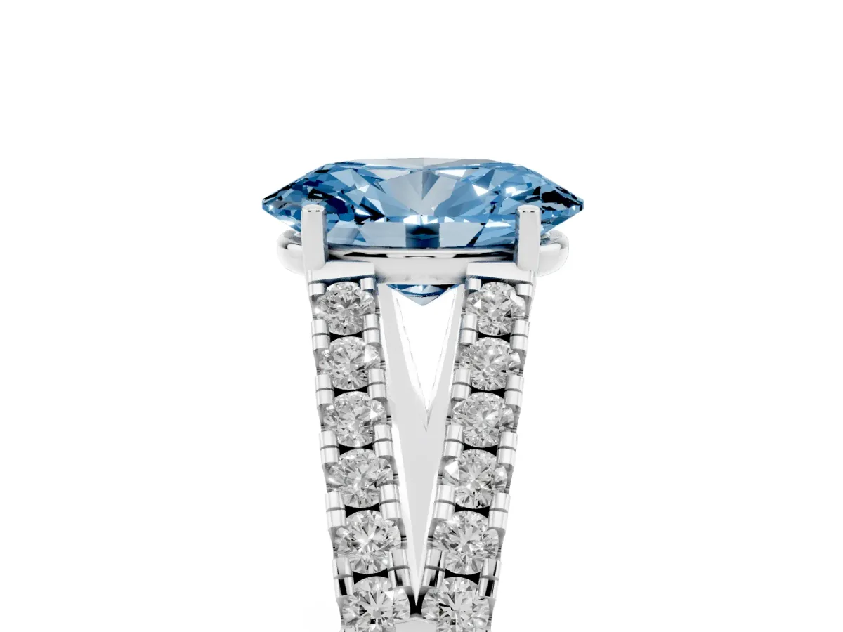 Fancy Blue Oval Cut Diamond Split Shank Engagement Ring with Round Pavé and Prong Setting Silver