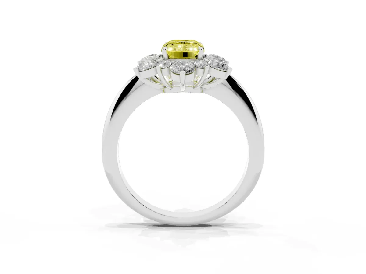 Fancy Yellow Emerald Cut Diamond Cluster Halo Ring with Solitaire Band and Four-Prong Setting Platinum